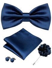 Solid Color Bow Tie and Pocket Square with Lapel Pin Cufflinks Set Navy Blue