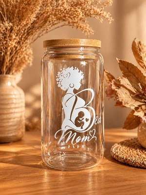 Glass Drinking Cup with Bamboo Lid 'Best Mom Ever' Mother's Day Gift Design