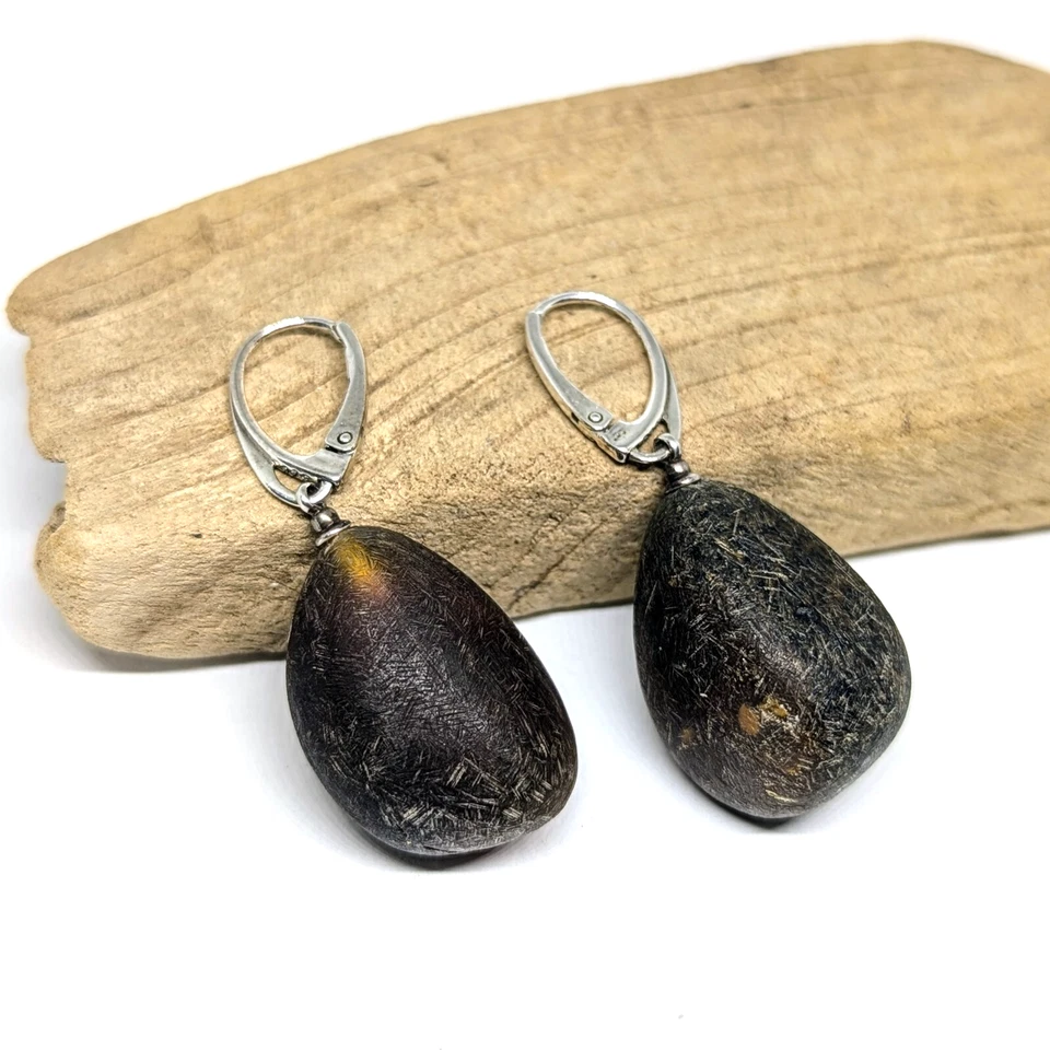 Orecchini ambra naturale nera gocce pietre preziose naturali non lucidate... - Immagine 3 di 4