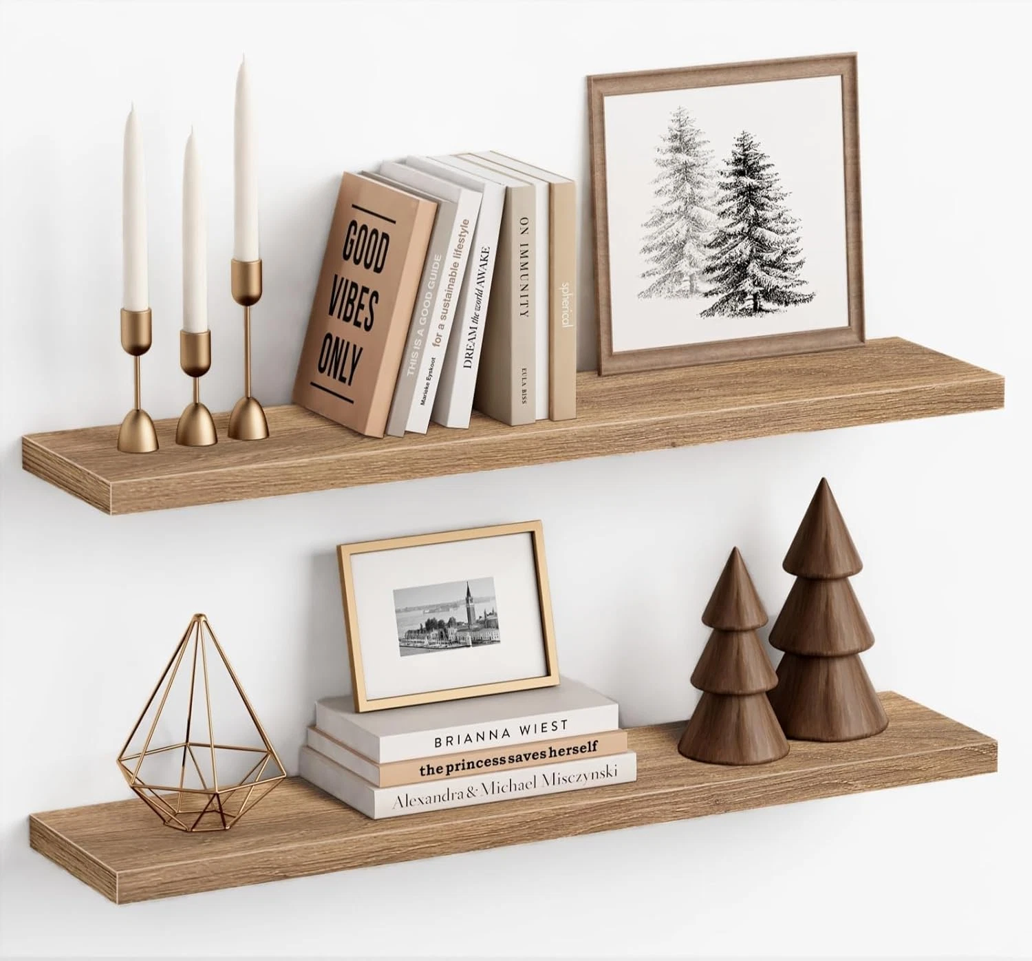 Light Wood Floating Shelves Set of 2 - 36"x8" for Home & Office Decor