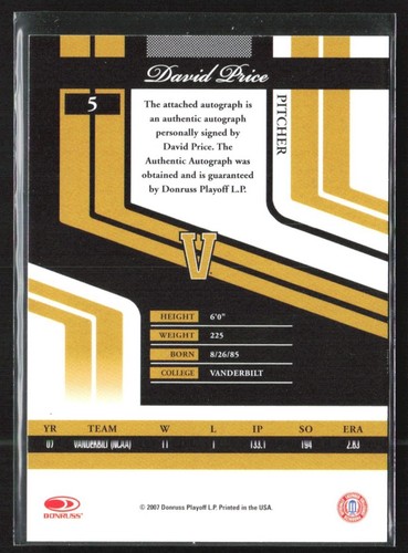 David Price 2007 Donruss Elite Extra Edition Turn of the Century Auto /500 #5 - Picture 2 of 2