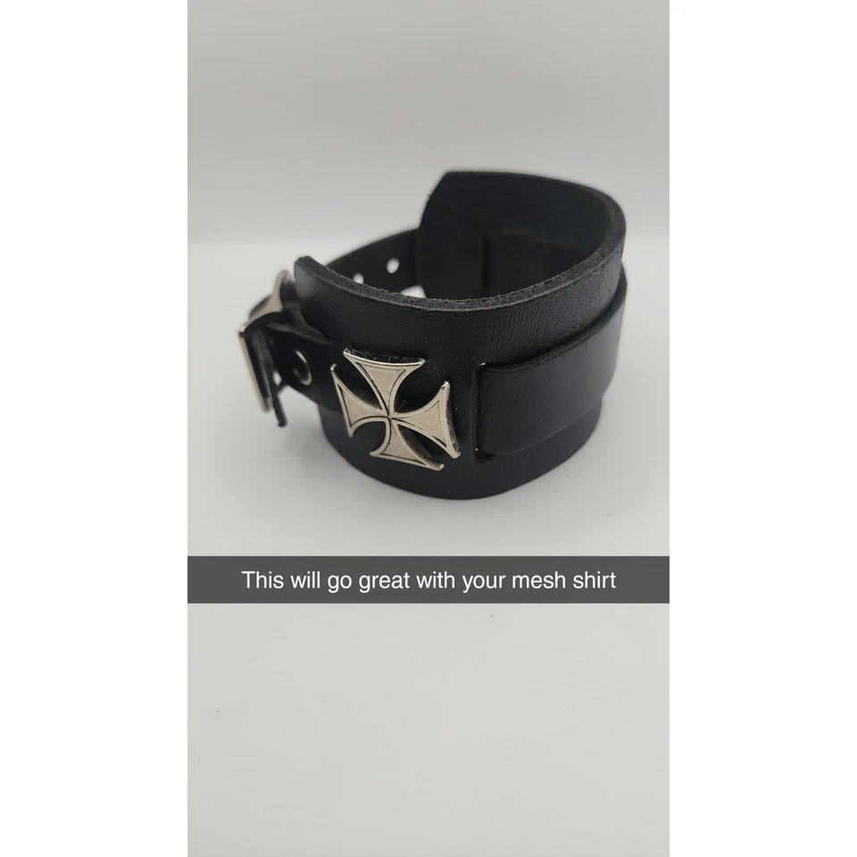 Black Leather Cuff Bracelet with Silver Cross Buckle Biker Rocker Goth - Image 3 of 4