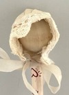 Vintage Tiny Doll Bonnet 3" Creamy White with Eyelet Lace Trim long ribbon ties — photo 2