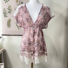 90s Y2k Sheer Floral Lace Babydoll Top Coquette Dolly Fairy Romantic Forest S M
