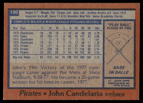 1978 Topps John Candelaria Pittsburgh Pirates #190 - Picture 2 of 2