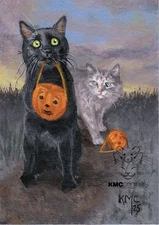 KMCoriginals PRINT Black Cat Grey Halloween Pumpkin Lost Reproduction ACEO art