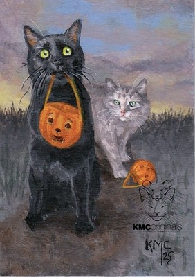 KMCoriginals PRINT Black Cat Grey Halloween Pumpkin Lost Reproduction ACEO art