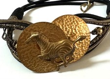 Vintage 80's Ladies Brass Ornate Zebra Disk Black Gold Braid Cord Belt Size 31