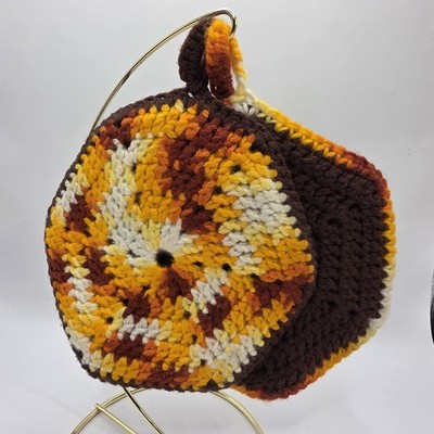 2 Vintage 1980s Hand Crochet Pot Holders Granny Hexagon Brown And Orange 