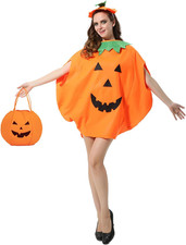 Adult Pumpkin Costume 3Pc Set With Hat And Bag Halloween Unisex Cosplay