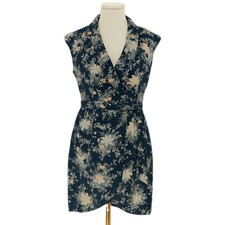 Modern Bohemia Oasis Silk Dress Women 12 Navy Floral V-Neck Wedding Guest