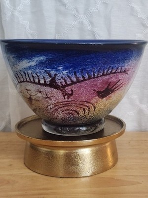 VINTAGE SIGNED  Satava 857 91 ' Petroglyph Art Glass Bowl 5x8  multicolor