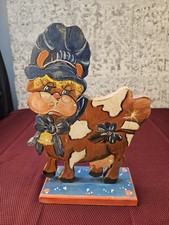 Vtg Handpainted Wooden Cow 12x7"
