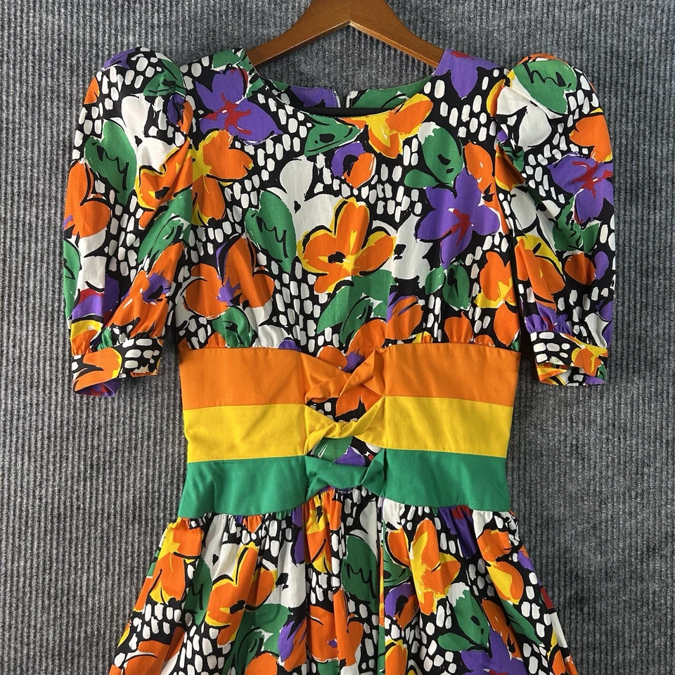 Vintage Leslie Lucks Maxi Dress Size 8 Floral Puff Shoulder Made In USA - Image 3 of 4