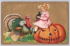 Thanksgiving Halloween Turkey Jack-O-Lantern Black Cat Little Girl Postcard 1908