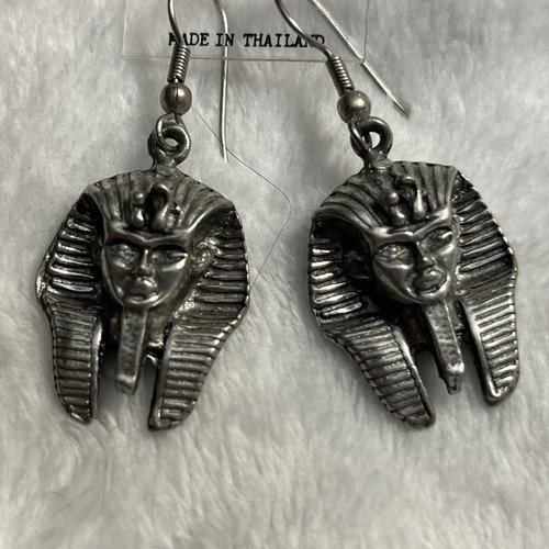 Pharaoh Heads Pierced Earrings Silver Tone Vintage Style Egyptian Revival 1” - Picture 2 of 6