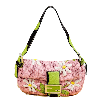 FENDI Baguette Floral Pink Crochet & Green Pony Hair Shoulder Bag