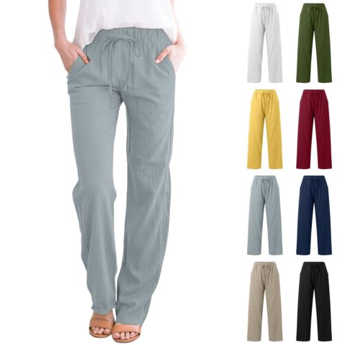 Womens Daily Elastic Waist Pants Pockets Straight Solid Color Loose Long Trouser