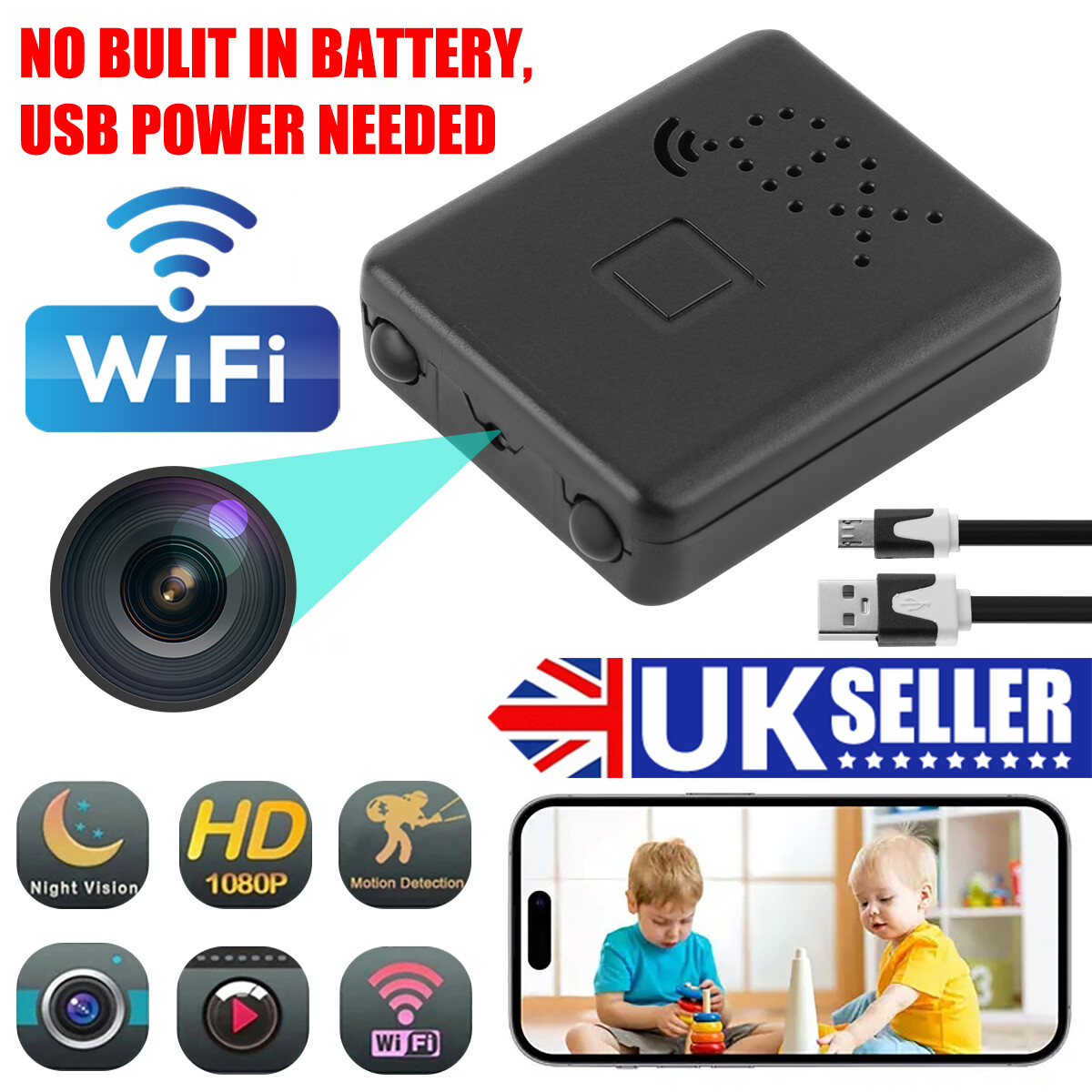 Mini Security Camera IP Camera WiFi HD 1080P Night Vision Motion  Detection+32G/