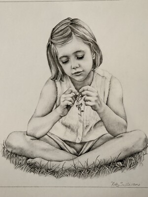 Framed original pencil drawing sketch signed by Katy Sullivan girl's portrait