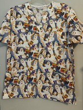 Peaches Uniforms Multicolor Ghost Halloween Scrub Top Size Small 3 Pockets EUC