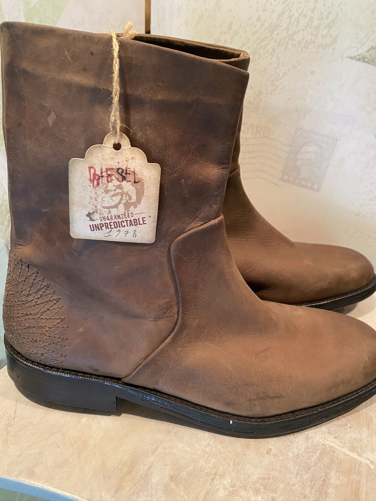 Diesel Mens Brown Leather Boots Sz 