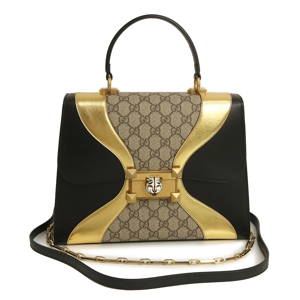 Poignée supérieure tête de chat Gucci chaîne bidirectionnelle sac à main cuir de veau or noir