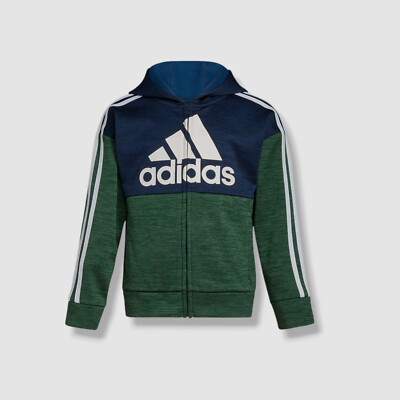 Adidas Kids Boy's Blue Fleece Colorblock Long Sleeve Full Zip Sweater Size 7