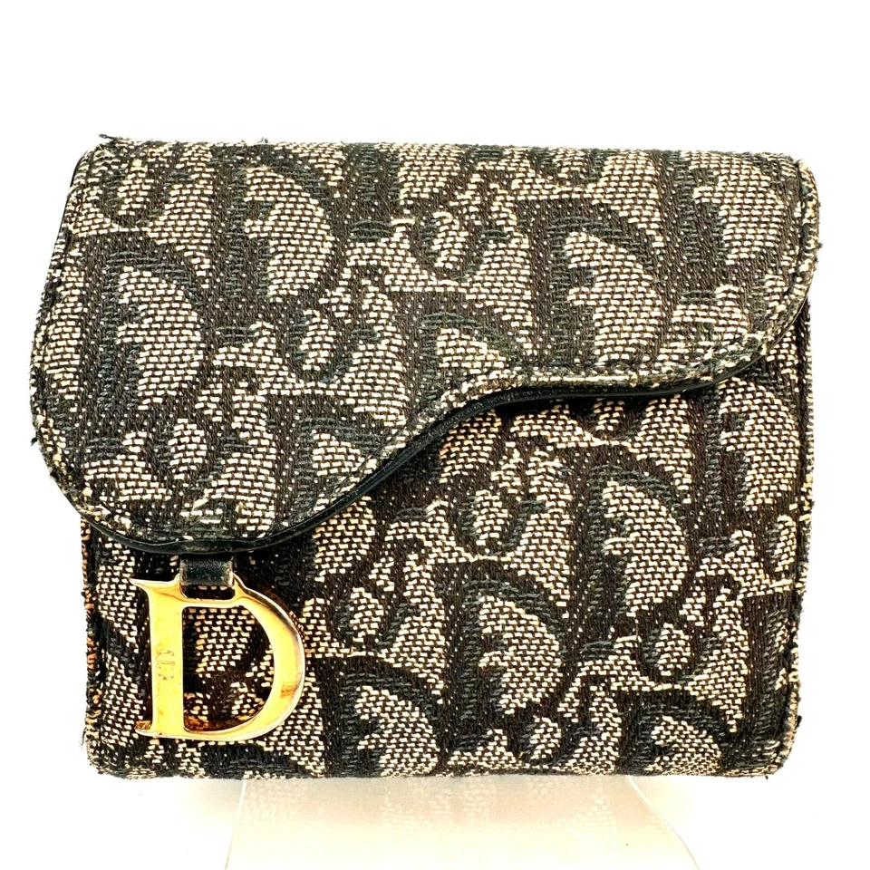 Christian Dior Trotter Patrón Plegable Cartera Azul Marino Lona Cuero Auténtico Foto 2 de 4