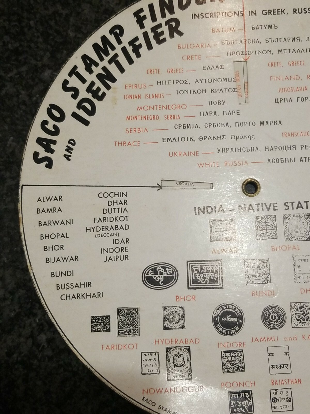 SACO 1952 WORLDWIDE STAMP FINDER/IDENTIFIER DIAL SYMBOLS INSCRIPTIONS 9