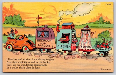 Comic Postcard Travel Road Trip with Car Towing Bedroom Kitchen Shower Garden