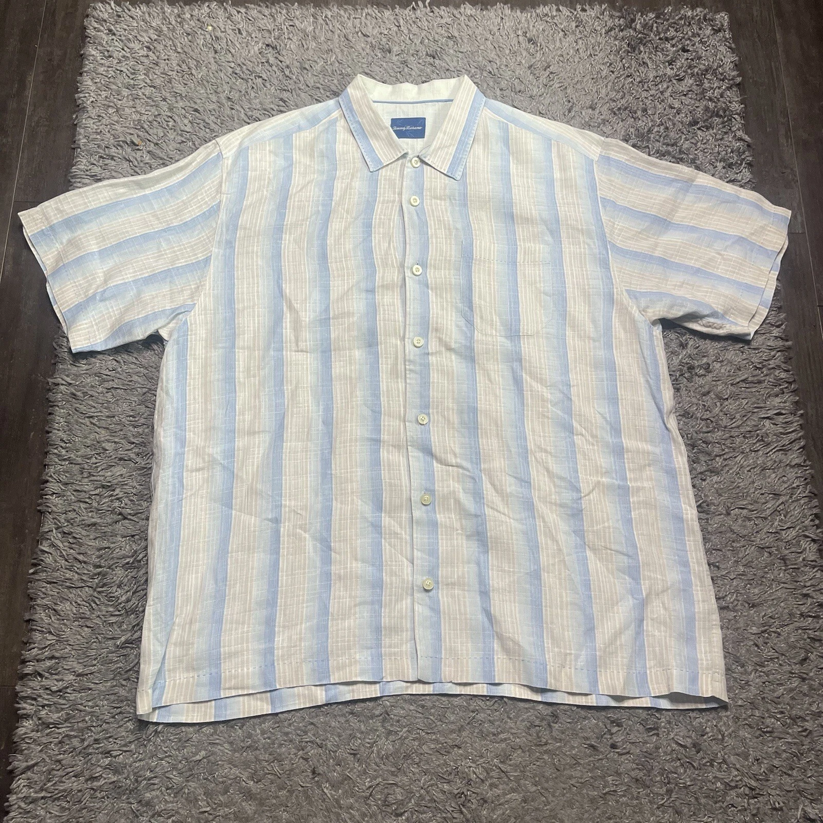 Tommy Bahama Shirt Mens XL Blue Striped Linen Short Sleeve Button Up Aloha