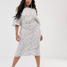ASOS CURVE Fallen Shoulder Lace Midi Dress Ivory and Black Floral Lace Sz. 24