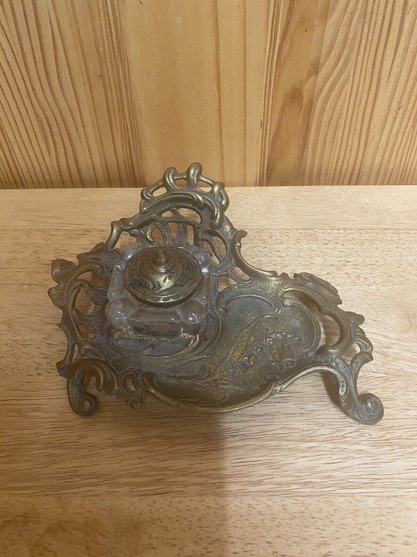 Vintage Victorian Footed Brass Inkwell Holder With Glass Inkwell With Lid