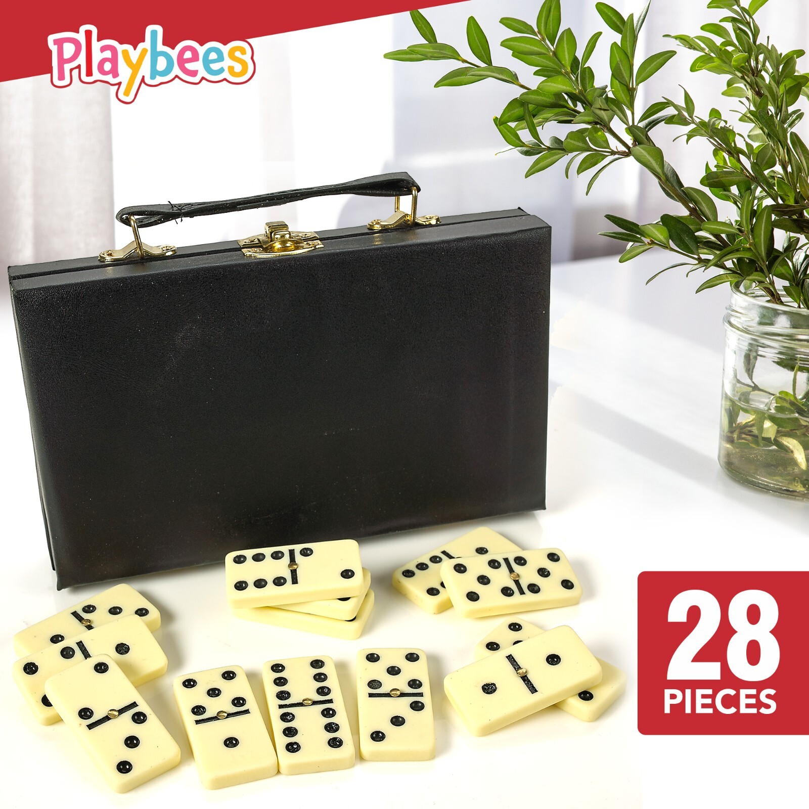 Premium Double Six Dominoes Set - 28 Classic Tiles in Faux Leather Case
