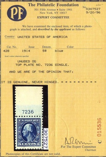 PF CERT/PSE GRADED CERT- #428 5c Washington - VF-XF og NH - 85J (w/plate#) - Picture 3 of 3