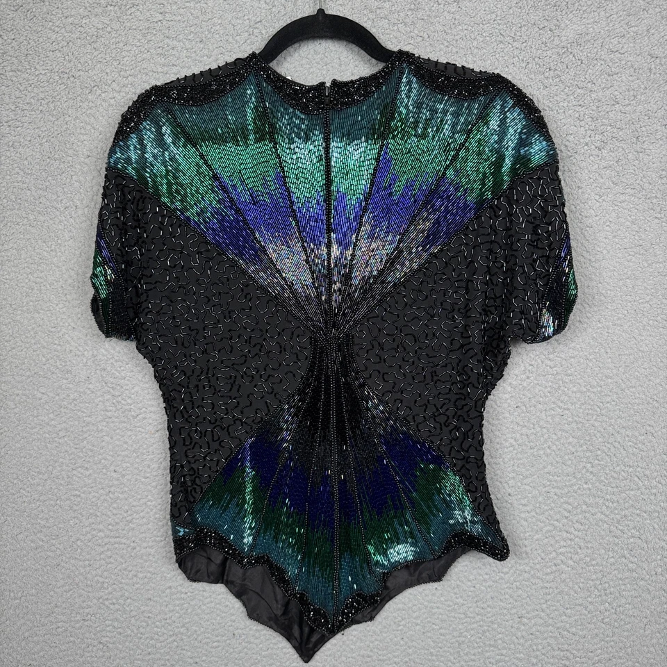 De Colección Oleg Cassini Top Mujeres Cuentas Noche Formal Disco Pesadas Almohadillas para el Hombro Años 80 Foto 2 de 4