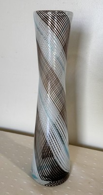 Vintage 1950s MCM Art Glass Mezza Filigrana Blue, White, & Black Vase 14.5  Tall