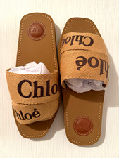 Chloé Dark Tan Woody Logo Canvas Slides