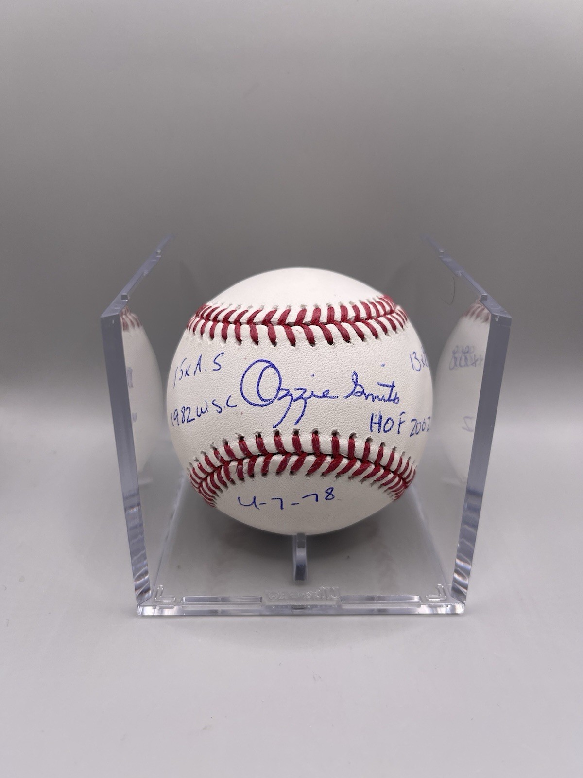 Ozzie Smith Autographed Signed St. Louis Cardinals Stat Inscribed Official MLB Baseball Beckett W/ Cube RARE L2 