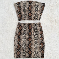 Snakeskin Print 2-Piece Outfit Set Tube Top Bandeau Bodycon Mini Skirt Women s S