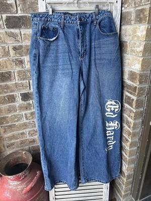 Vintage Ed Hardy Y2K Buckle Denim Jeans Size 34x32 Wide Leg Baggy  Born Free