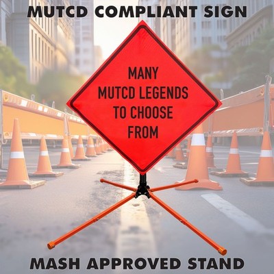 48'' Mesh MUTCD Roll-Up Traffic Safety Sign & Steel Single Spring Stand Kits
