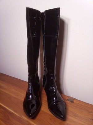 LLoyd Black Patten Leather Pointed Toe Low Block Heel Knee High Boots Sz US...
