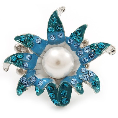 Aqua/hellblau Emaille, Kristall, simulierte Perle 'Calla Lilie' Flex Ring in