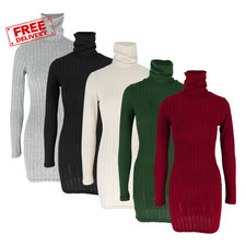 Ladies Polo Neck Bodycon Cable Knitted Jumper Dress Pullover Tunic Mini Dresses