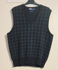 Vintage Polo Ralph Lauren Sweater Vest Mens LG Blue Plaid Cotton V Neck Tartan