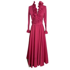 Vintage Victor Costa Pink Maxi Dress Size 10 Long Sleeve Formal Ruffle Sweeping