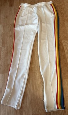 White w/Rainbow Stripes Joggers, Elastic Waist Ankle Zip Half Heart Size L