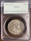 1957-D__MS 64 (Rattler)__Franklin Half Dollar__PCGS, Toned Unc Silver Coin